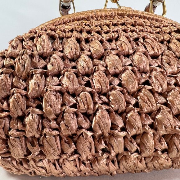 Vintage Pink Raffia Woven Handbag w/ Bamboo Handle Made in Italy - Picture 5 of 14